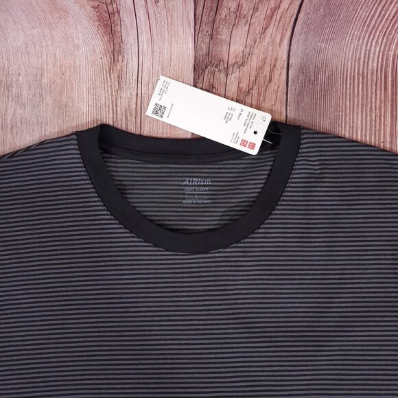 NWT Uniqlo AIRism Mens Large Cotton Blend Striped Crewneck SS T-Shirt Tee Gray - Picture 5 of 12